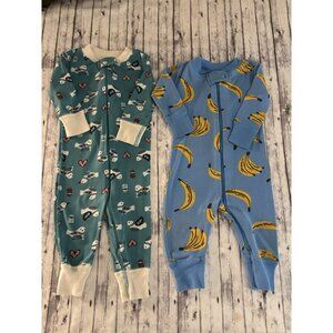 Lot Of 2 HANNA ANDERSSON Sleeper PJ Organic Cotton Zipper Bananas Birds 3-9mon